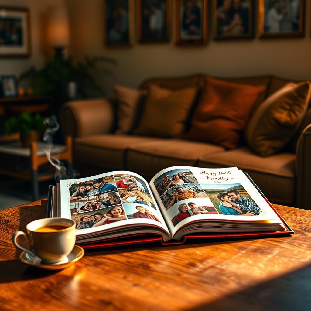 An inviting scene depicting a cozy room with a large, elegantly designed scrapbook open on a wooden table