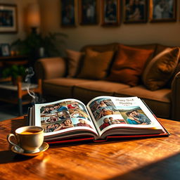 An inviting scene depicting a cozy room with a large, elegantly designed scrapbook open on a wooden table