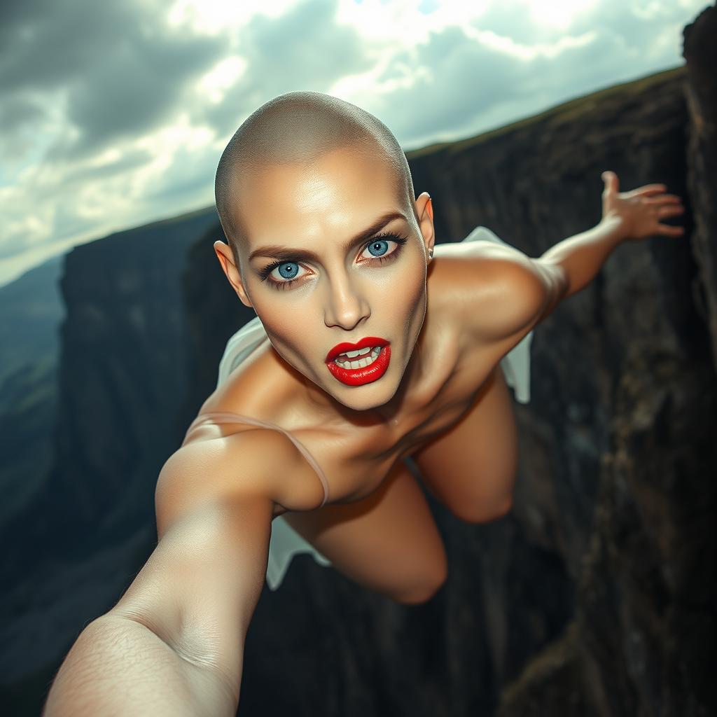 A beautiful bald woman with striking blue eyes and bold red lips, falling off a cliff