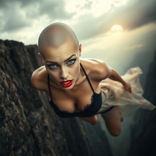 A beautiful bald woman with striking blue eyes and bold red lips, falling off a cliff