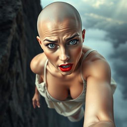 A beautiful bald woman with striking blue eyes and bold red lips, falling off a cliff