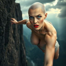 A beautiful bald woman with striking blue eyes and bold red lips, falling off a cliff
