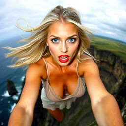 A beautiful blonde woman wearing a delicate negligee, exhibiting vibrant blue eyes and striking red lips