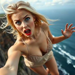 A beautiful blonde woman wearing a delicate negligee, exhibiting vibrant blue eyes and striking red lips