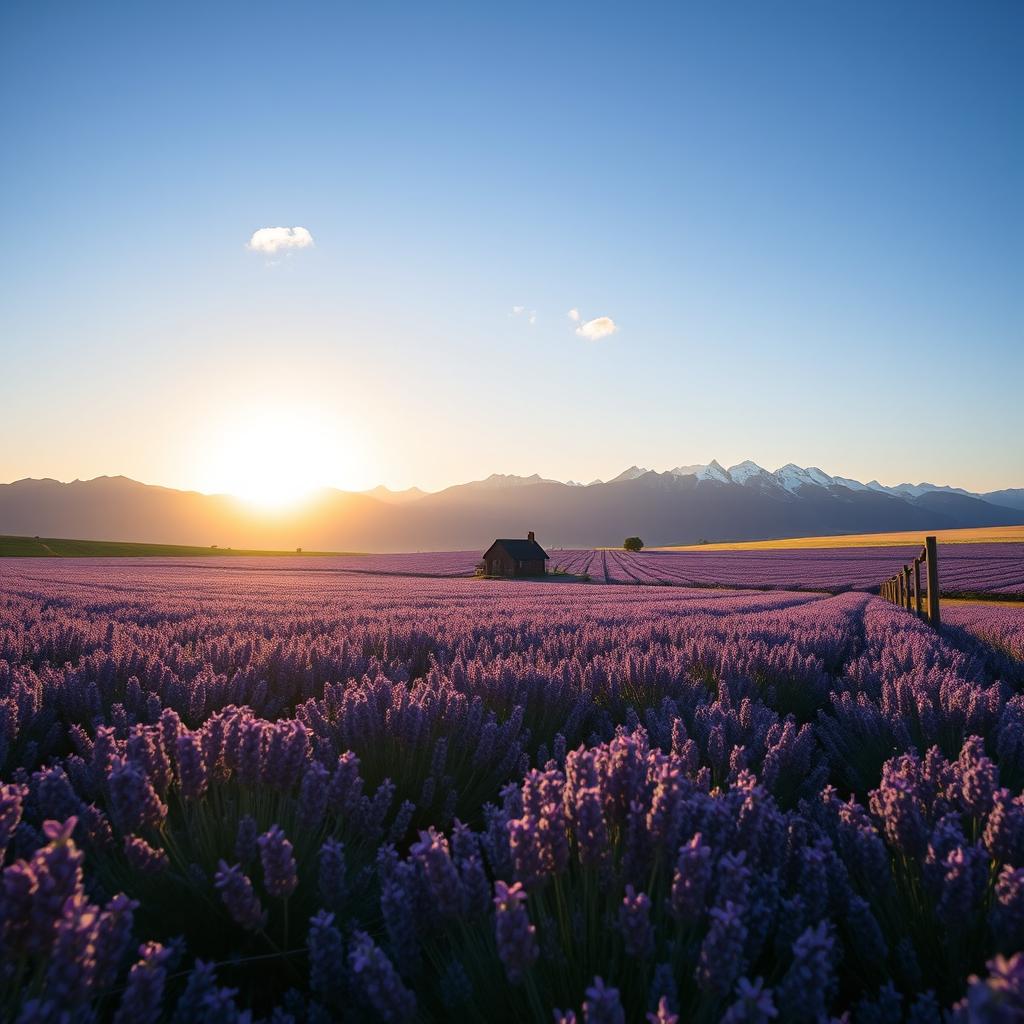 A serene landscape of a vast lavender field in full bloom, stretching under a clear blue sky