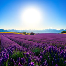 A serene landscape of a vast lavender field in full bloom, stretching under a clear blue sky