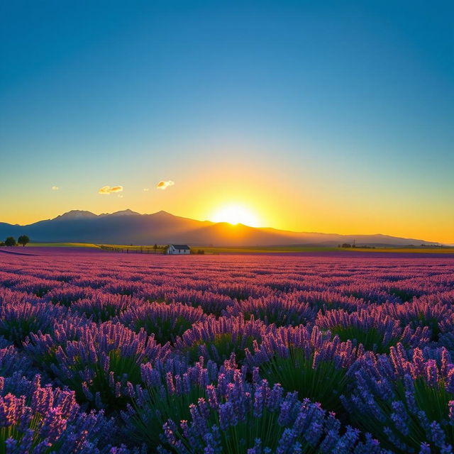 A serene landscape of a vast lavender field in full bloom, stretching under a clear blue sky