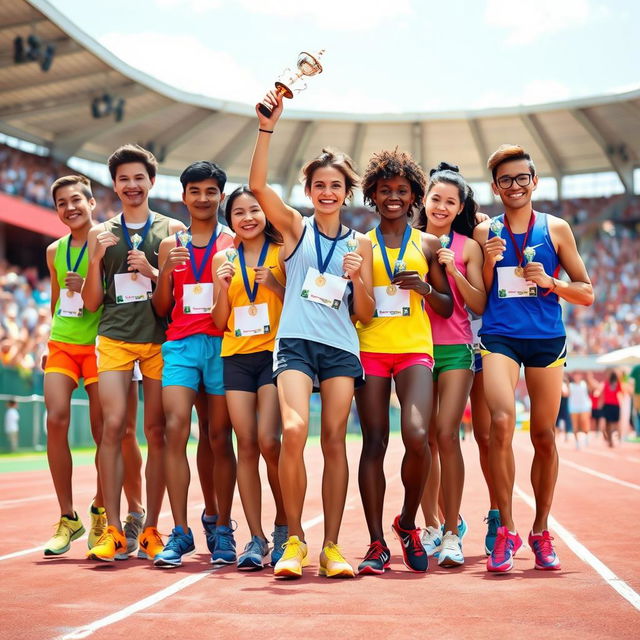 A vibrant and dynamic scene depicting several young athletes, all winners of track and field competitions, celebrating their victory