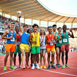 A vibrant and dynamic scene depicting several young athletes, all winners of track and field competitions, celebrating their victory