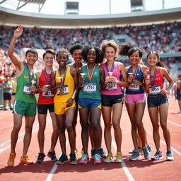 A vibrant and dynamic scene depicting several young athletes, all winners of track and field competitions, celebrating their victory