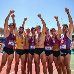 A group of several young, attractive, and well-built male athletes celebrating their victory at a track and field competition