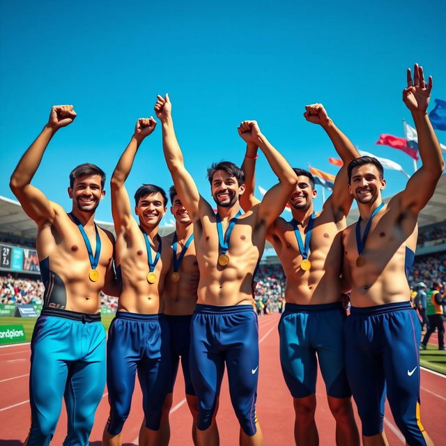 A group of several young, attractive, and well-built male athletes celebrating their victory at a track and field competition