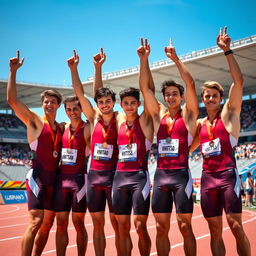 A group of several young, attractive, and well-built male athletes celebrating their victory at a track and field competition