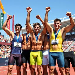 A group of several young, attractive, and well-built male athletes celebrating their victory at a track and field competition
