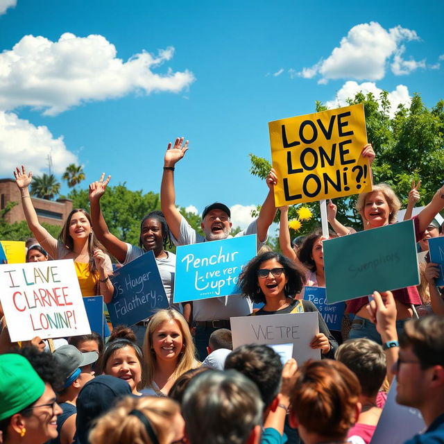 A vibrant scene of people campaigning, showcasing a diverse group of enthusiastic individuals passionately engaging with the public