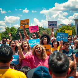 A vibrant scene of people campaigning, showcasing a diverse group of enthusiastic individuals passionately engaging with the public