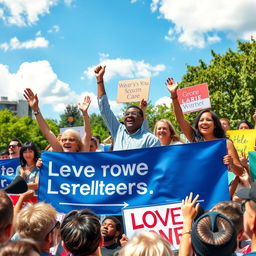 A vibrant scene of people campaigning, showcasing a diverse group of enthusiastic individuals passionately engaging with the public