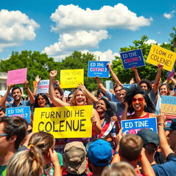 A vibrant scene of people campaigning, showcasing a diverse group of enthusiastic individuals passionately engaging with the public