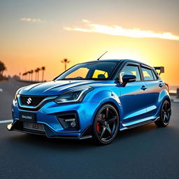 A customized 2022 Suzuki Baleno, showcasing a vibrant metallic blue paint with metallic flakes, dynamic body kit featuring aggressive front bumper, sleek side skirts, and a sporty rear spoiler