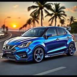 A customized 2022 Suzuki Baleno, showcasing a vibrant metallic blue paint with metallic flakes, dynamic body kit featuring aggressive front bumper, sleek side skirts, and a sporty rear spoiler