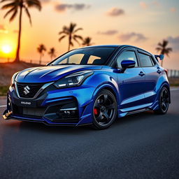 A customized 2022 Suzuki Baleno, showcasing a vibrant metallic blue paint with metallic flakes, dynamic body kit featuring aggressive front bumper, sleek side skirts, and a sporty rear spoiler