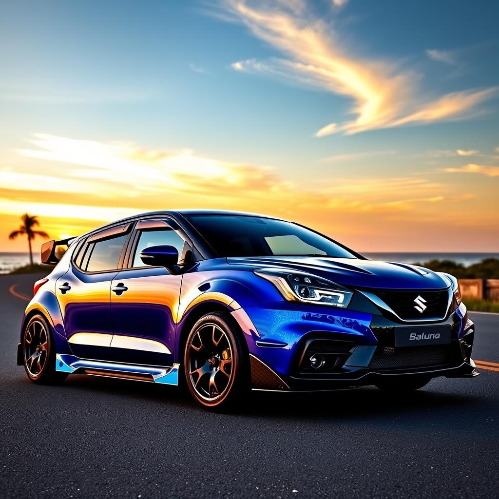 A customized 2022 Suzuki Baleno, showcasing a vibrant metallic blue paint with metallic flakes, dynamic body kit featuring aggressive front bumper, sleek side skirts, and a sporty rear spoiler