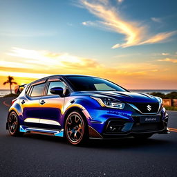 A customized 2022 Suzuki Baleno, showcasing a vibrant metallic blue paint with metallic flakes, dynamic body kit featuring aggressive front bumper, sleek side skirts, and a sporty rear spoiler