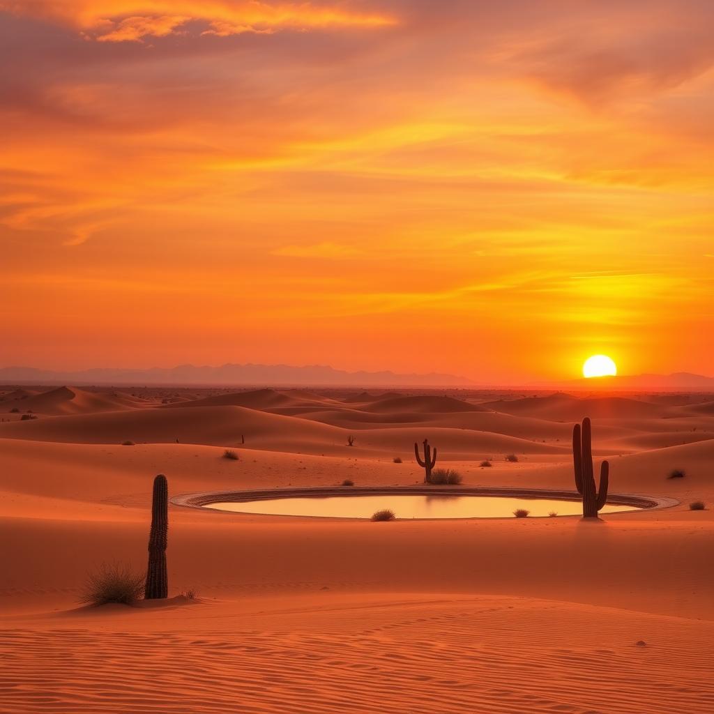 A serene landscape featuring a vast desert at sunset with golden sand dunes, scattered cacti, and a calm oasis in the foreground