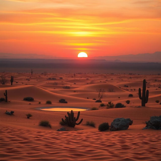 A serene landscape featuring a vast desert at sunset with golden sand dunes, scattered cacti, and a calm oasis in the foreground