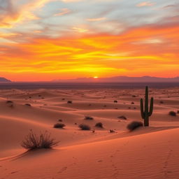 A serene landscape featuring a vast desert at sunset with golden sand dunes, scattered cacti, and a calm oasis in the foreground
