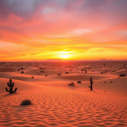 A serene landscape featuring a vast desert at sunset with golden sand dunes, scattered cacti, and a calm oasis in the foreground