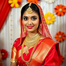 A beautiful Bengali bride dressed in a stunning red saree, elegantly draped with a matching red dupatta on her head