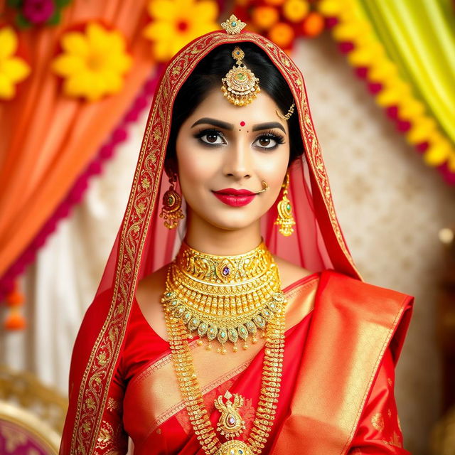 A beautiful Bengali bride dressed in a stunning red saree, elegantly draped with a matching red dupatta on her head