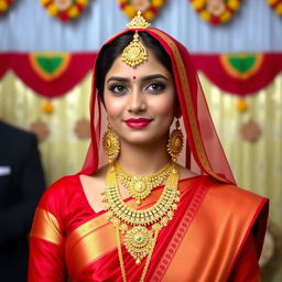 A beautiful Bengali bride dressed in a stunning red saree, elegantly draped with a matching red dupatta on her head