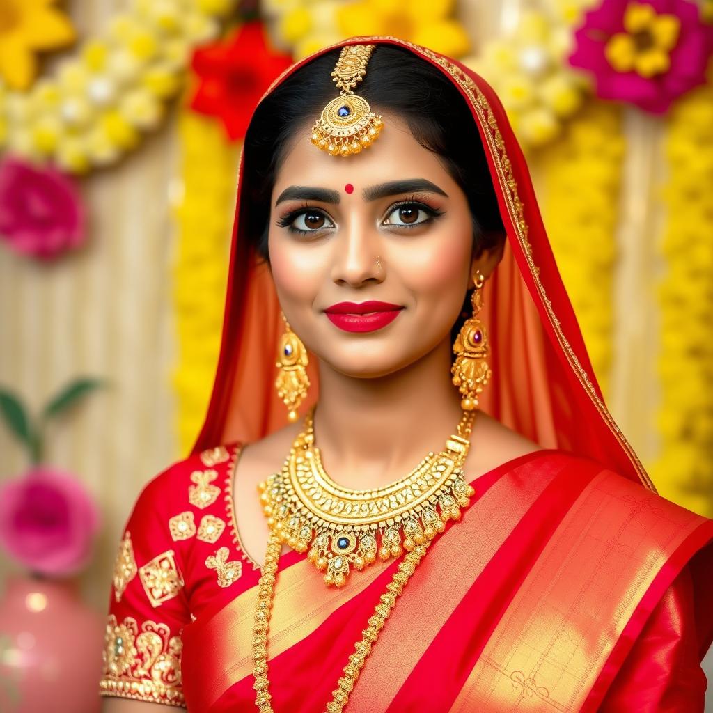 A beautiful Bengali bride dressed in a stunning red saree, elegantly draped with a matching red dupatta on her head