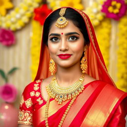 A beautiful Bengali bride dressed in a stunning red saree, elegantly draped with a matching red dupatta on her head