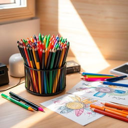 A beautifully arranged desk showcasing an array of vibrant color pens meticulously organized in a stylish pen holder
