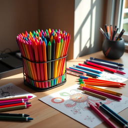 A beautifully arranged desk showcasing an array of vibrant color pens meticulously organized in a stylish pen holder