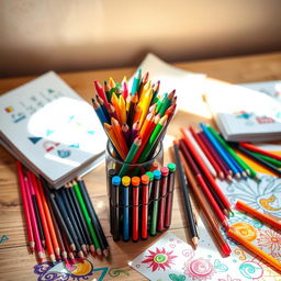 A beautifully arranged desk showcasing an array of vibrant color pens meticulously organized in a stylish pen holder