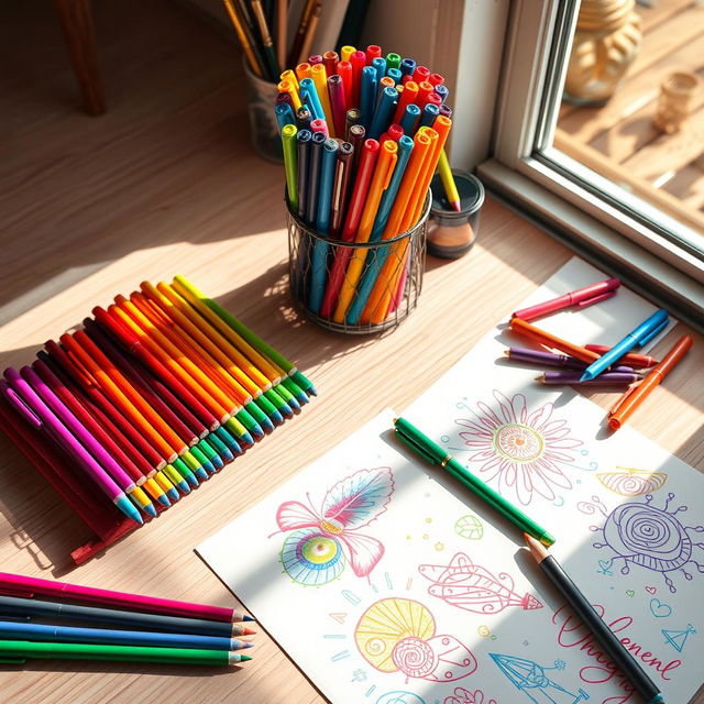 A beautifully arranged desk showcasing an array of vibrant color pens meticulously organized in a stylish pen holder