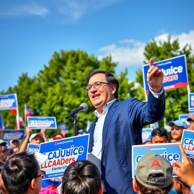 A vibrant scene depicting a charismatic candidate campaigning for leadership in an outdoor setting