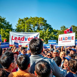 A vibrant scene depicting a charismatic candidate campaigning for leadership in an outdoor setting