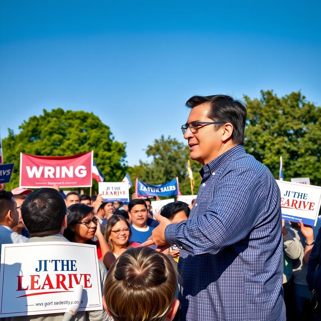 A vibrant scene depicting a charismatic candidate campaigning for leadership in an outdoor setting