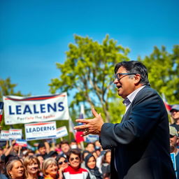 A vibrant scene depicting a charismatic candidate campaigning for leadership in an outdoor setting