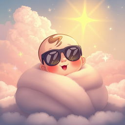 A cute cartoon-style baby wrapped in a fluffy blanket, glowing with a soft light
