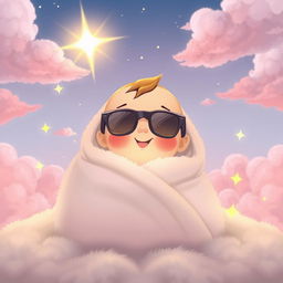 A cute cartoon-style baby wrapped in a fluffy blanket, glowing with a soft light