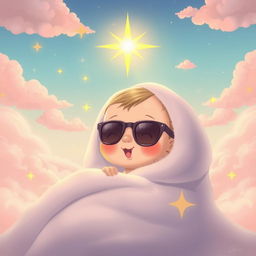 A cute cartoon-style baby wrapped in a fluffy blanket, glowing with a soft light