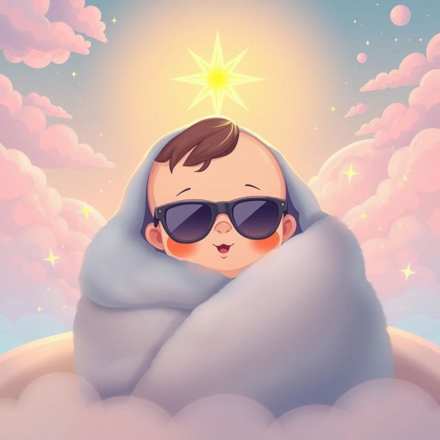 A cute cartoon-style baby wrapped in a fluffy blanket, glowing with a soft light