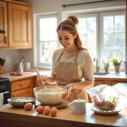 A woman baking a cake in a cozy, ordinary kitchen