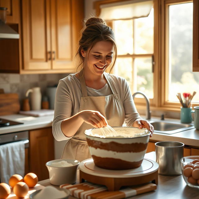 A woman baking a cake in a cozy, ordinary kitchen